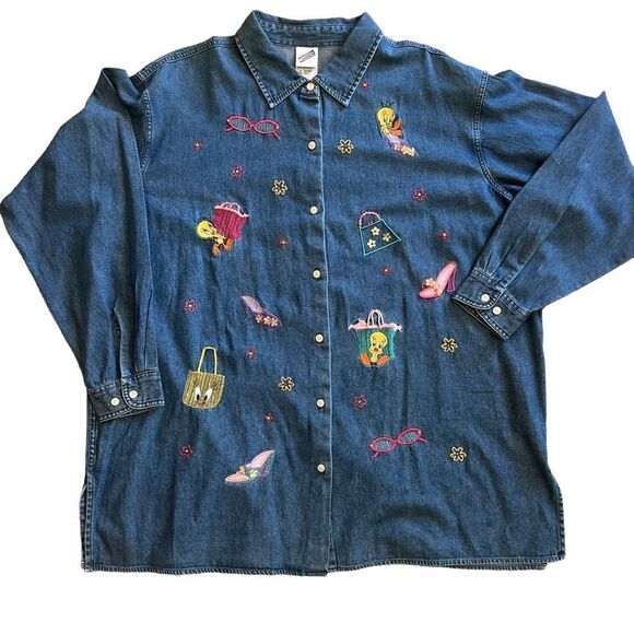 Vintage Y2K Warner Brothers Tweety Bird Denim Shirt.  Size XXL. Excellent Cond! - Picture 1 of 13